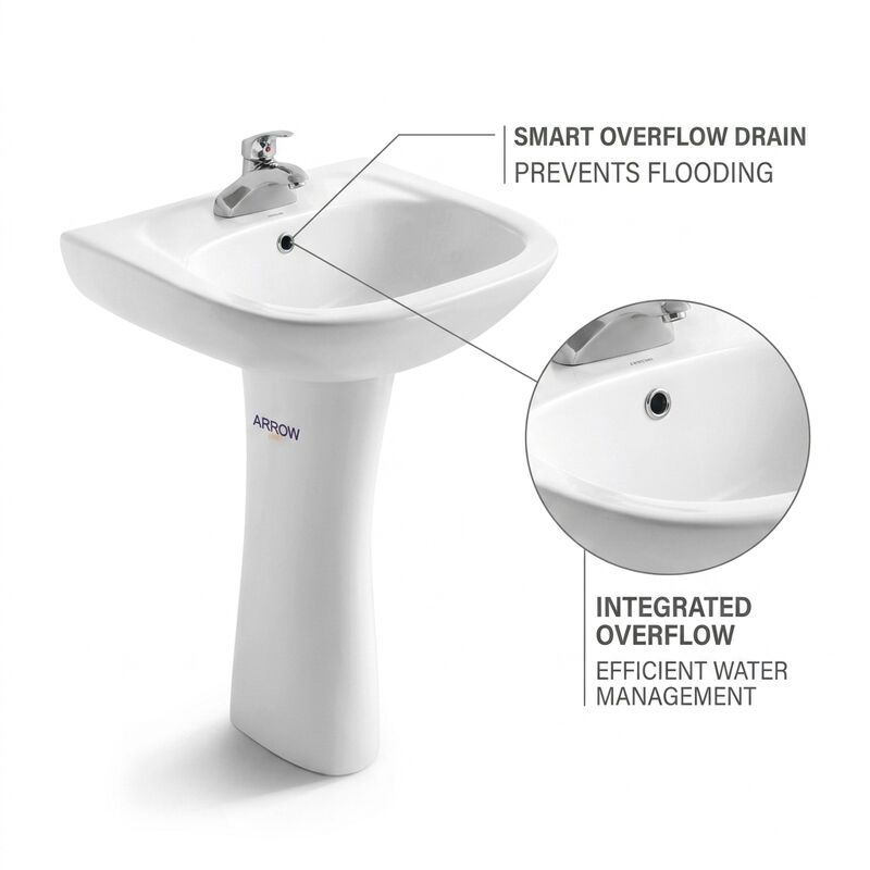 ARROW FP3602 Compact Freestanding Pedestal Basin, White Ceramic Space-Saving Small Bathroom Sink Pedestal