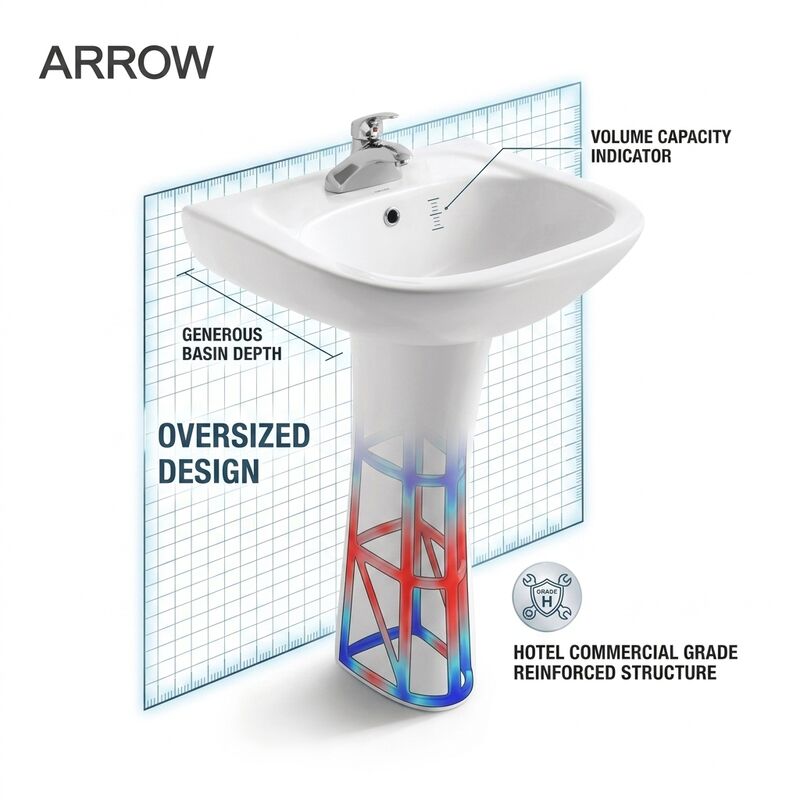 ARROW FP3610 Grand Freestanding Pedestal Basin, Large White Ceramic Hotel Bathroom Sink Pedestal